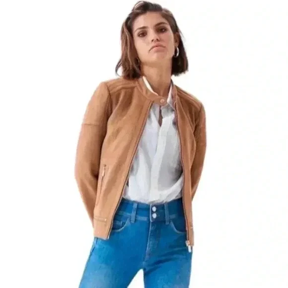 GAP Womens Vintage Moto Biker Wool Blend Tan Quilted Cropped Jacket Coat Small - Picture 5 of 15